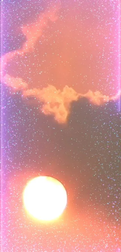 Luminous sun with pink clouds and starry sky mobile wallpaper.