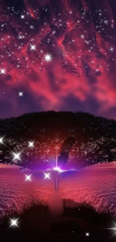 Celestial tree with stars and a pink-purple sky.