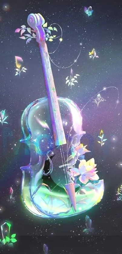 Fantasy violin with flora on dark cosmic wallpaper.