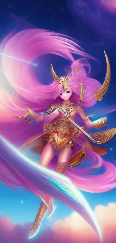 Celestial warrior with pink hair in a cosmic galaxy art scene.