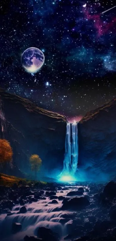 Fantasy wallpaper of a celestial waterfall under a starry night sky with a glowing ambiance.