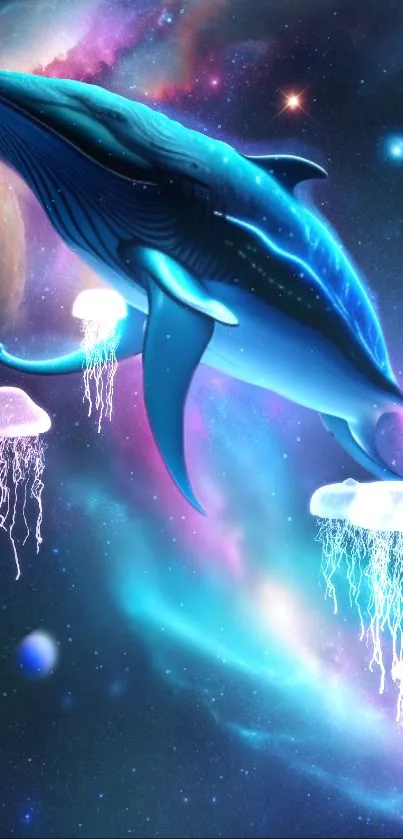 Celestial artwork of a whale and jellyfish in a cosmic space scene for phone wallpaper.