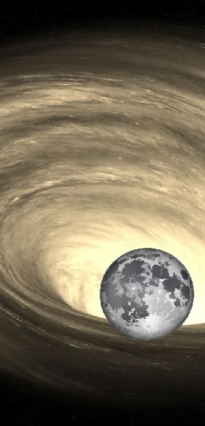 Celestial whirlpool with planet in center, beige and black tones.