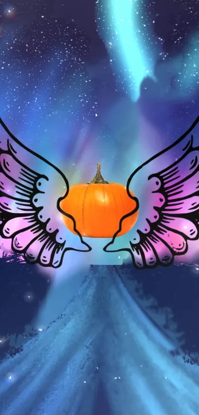 Winged pumpkin with aurora and starry sky background.