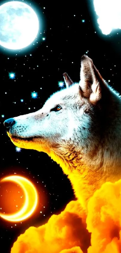 Cosmic wolf with moon and stars in vibrant night sky wallpaper.