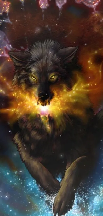 Celestial wolf in vibrant colors on a cosmic-themed mobile wallpaper.