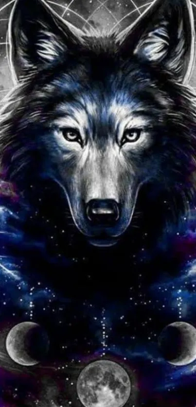 Celestial wolf wallpaper with lunar phases and cosmic design.