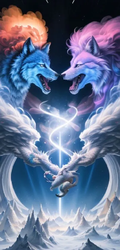 Celestial wolves battle in a cosmic landscape.