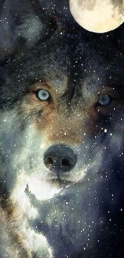 Celestial wolf with bright eyes under a full moon, cosmic themed wallpaper.