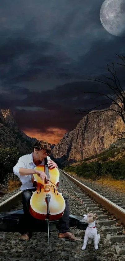 Cellist playing under a moonlit sky on railroad tracks with mountains.