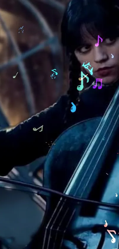 Cellist playing surrounded by vibrant music notes.