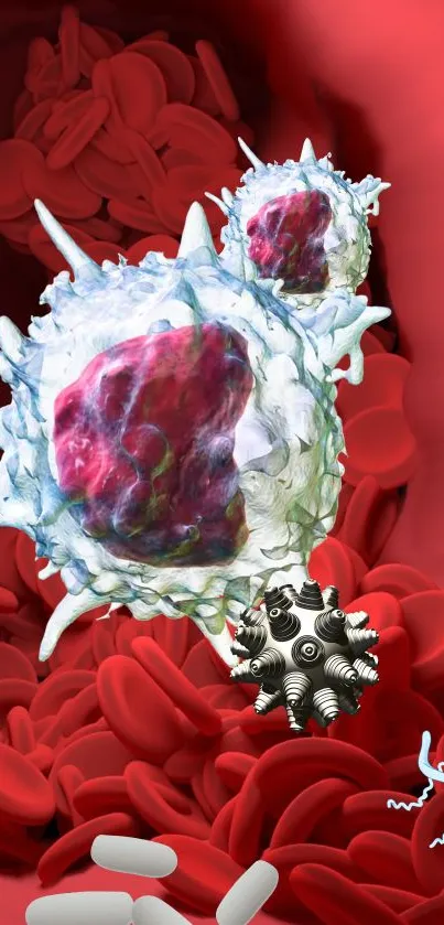 Artistic representation of immune cells and virus interaction.