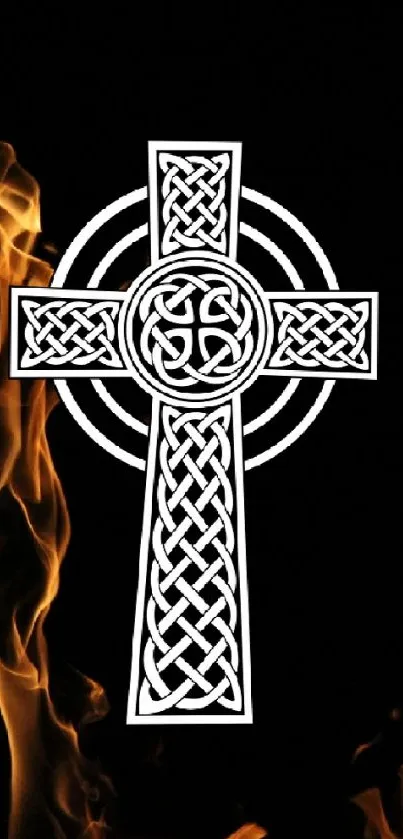 Fiery mobile wallpaper featuring a Celtic cross with flames on a dark background.