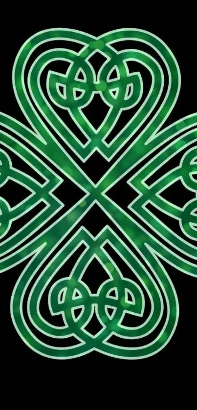 Celtic knot green design on black wallpaper.