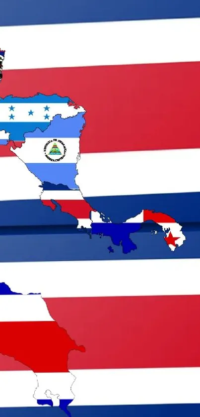 Central America map with flags on red, white, and blue striped wallpaper.