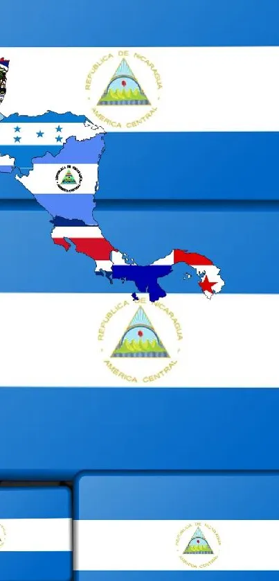 Central American flags wallpaper with blue and white colors, featuring national emblems.