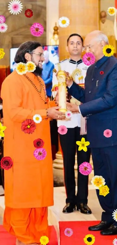 Ceremony awarding moment with dignitaries in traditional attire.