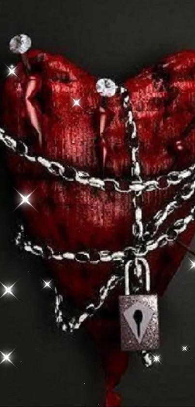 Red heart wrapped in chains with a padlock on dark background.