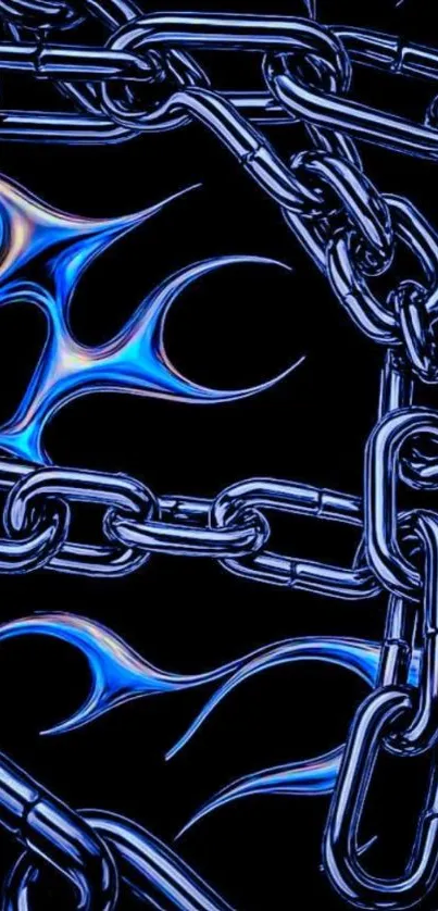 Metallic chains and blue flames wallpaper with dark background.