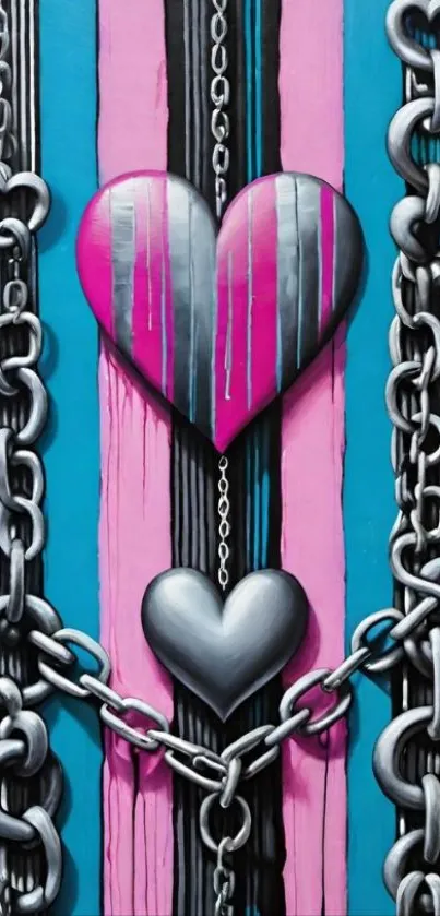 Stylized heart with chains on pink and blue stripes
