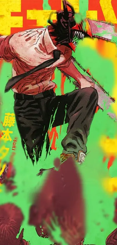 Chainsaw Man anime character in dynamic action pose with colorful background.