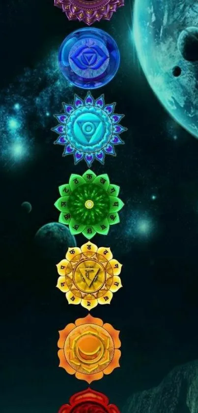 Colorful chakra symbols in cosmic galaxy background with planets.