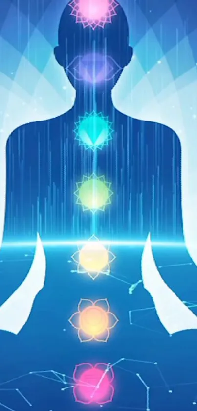 Chakra-themed meditation silhouette with vibrant colors on blue background.