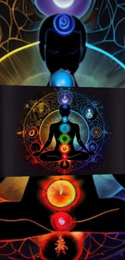 Silhouette with vibrant chakra symbols on dark background.