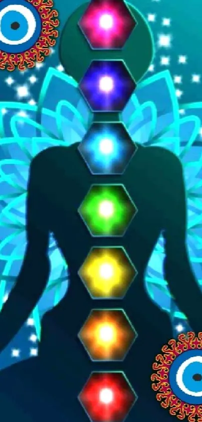 Chakra meditation artwork with colorful energy centers and dark teal background.