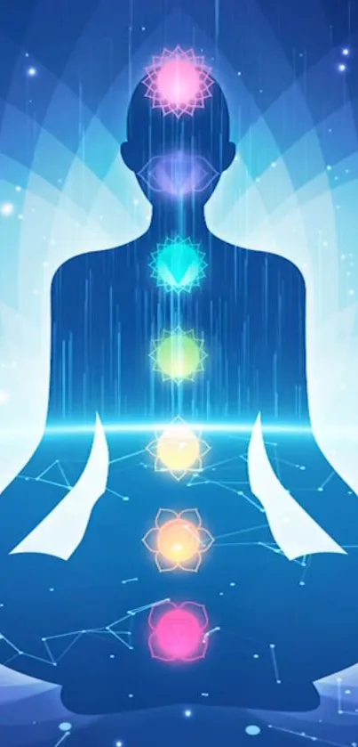 A calming chakra meditation wallpaper with vibrant energy centers on a blue background.