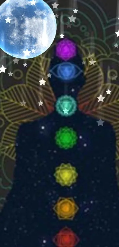 Chakra energy silhouette with cosmic stars and moon background.