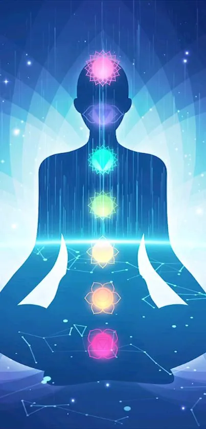 Serene silhouette with chakra colors set on a calming blue meditation background.