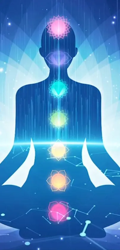 Silhouette with colorful chakras under a starry, dark blue background.