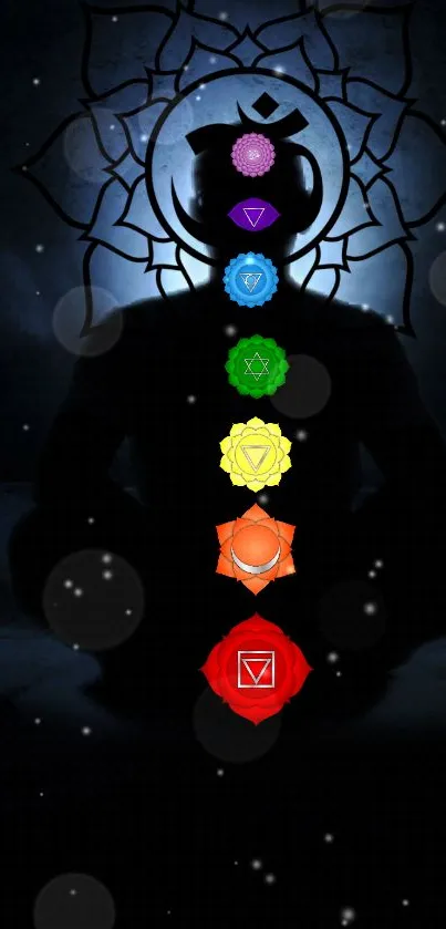 Silhouette meditating with chakra symbols on cosmic background.