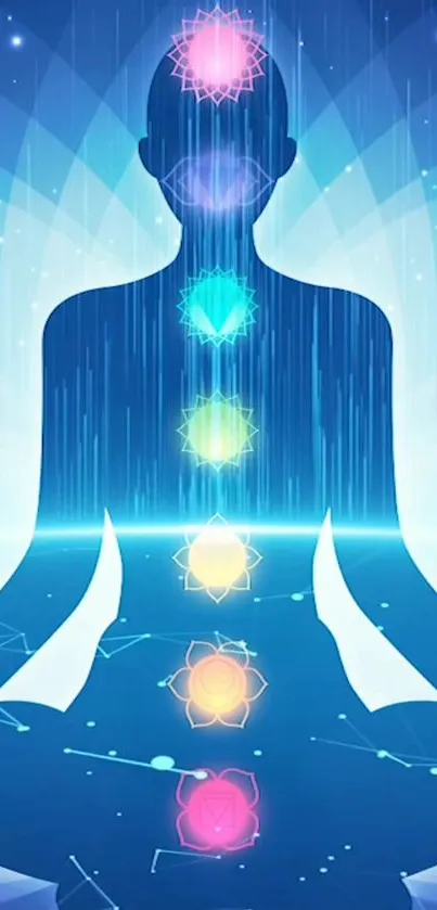 Chakra meditation wallpaper with a mystical blue background.