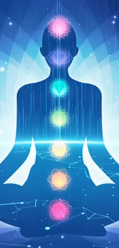 Silhouette meditating with colorful chakras and cosmic background.