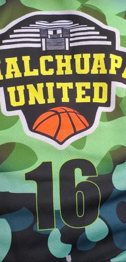 Chalchuapa United camo basketball jersey in teal and black design.