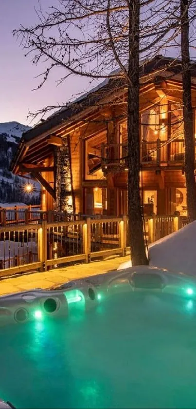 Chalet with Jacuzzi under snowy mountain night sky.