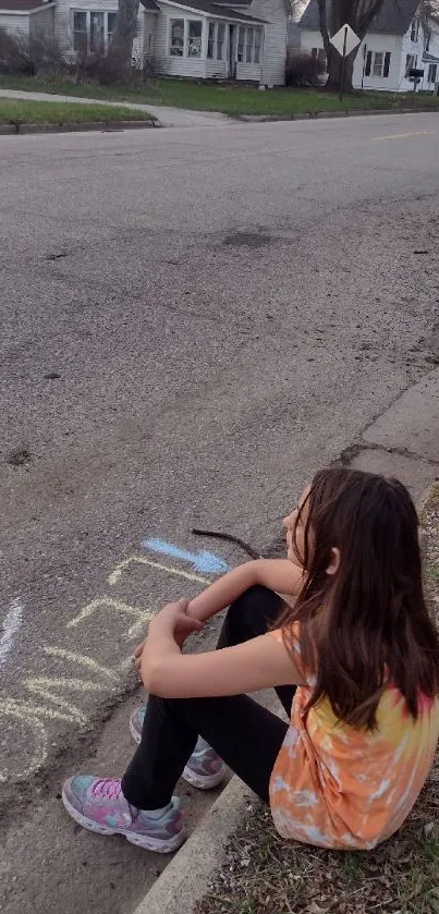 Girl sitting on street with chalk drawings beside her.