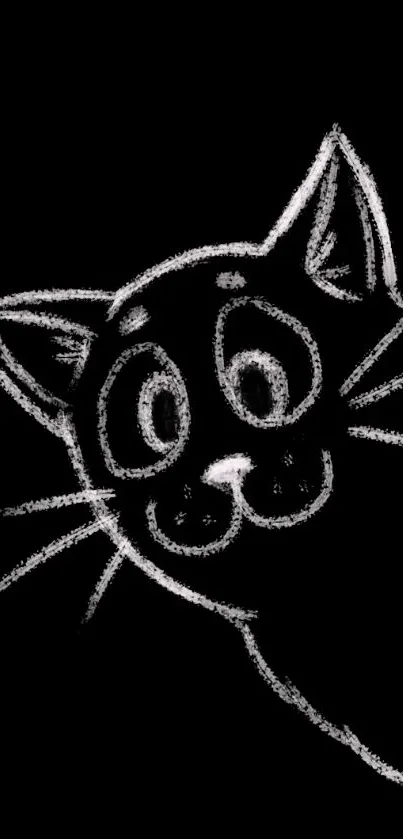 Chalk sketch of a curious cat on a black background for mobile wallpaper.
