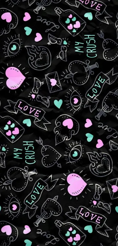 Romantic chalk doodle wallpaper with hearts and words on a black background.