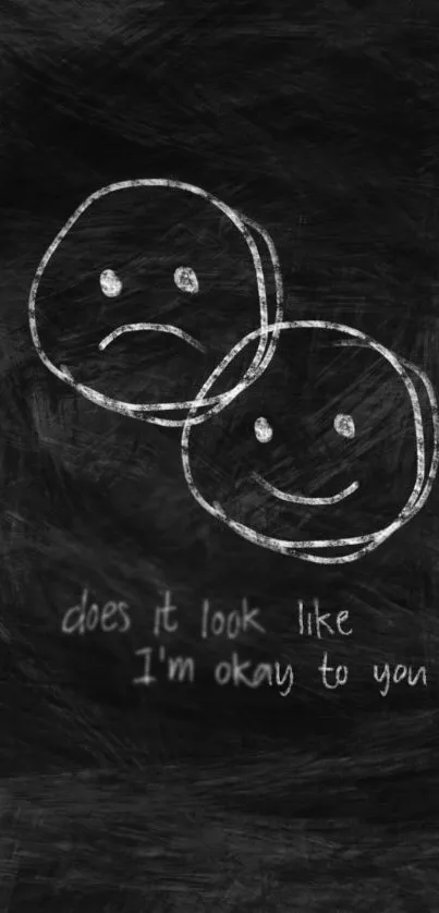 Chalk drawn sad and smiley faces on black wallpaper with quote.