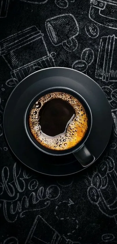 Dark chalkboard wallpaper with a steaming cup of coffee.