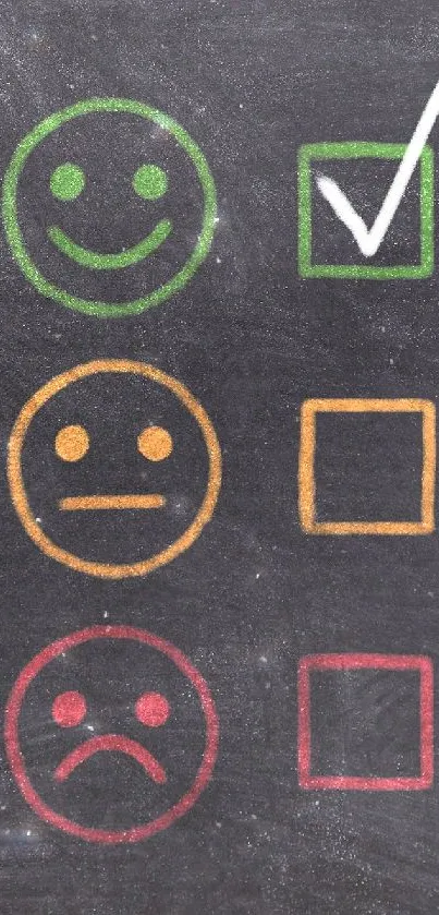 Chalkboard with colored emoji faces and checkboxes for a playful wallpaper.