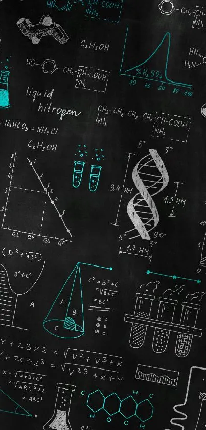 Chalkboard science wallpaper with equations and DNA drawings.