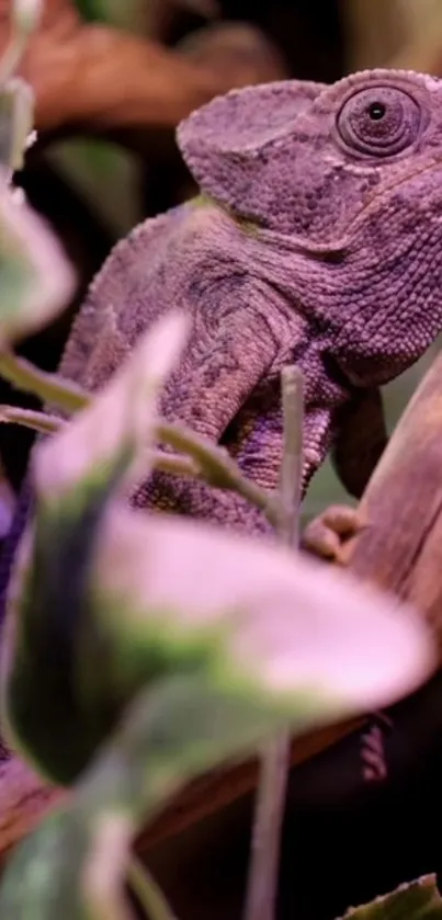 Close-up of a chameleon on a branch, showcasing vibrant purple hues.