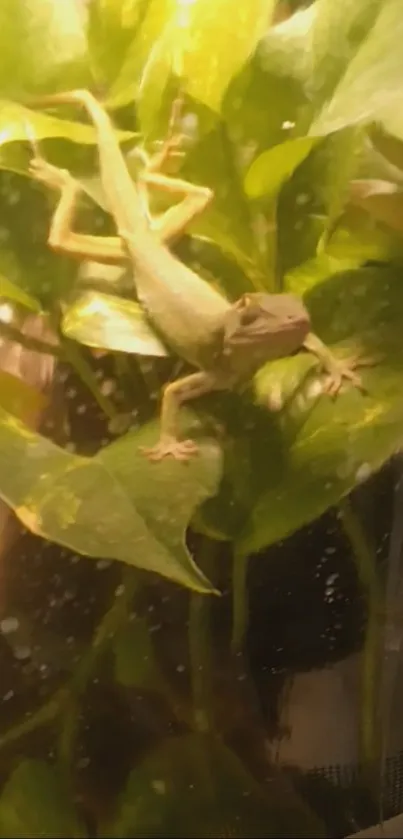 Chameleon on green leaves in sunlight background.