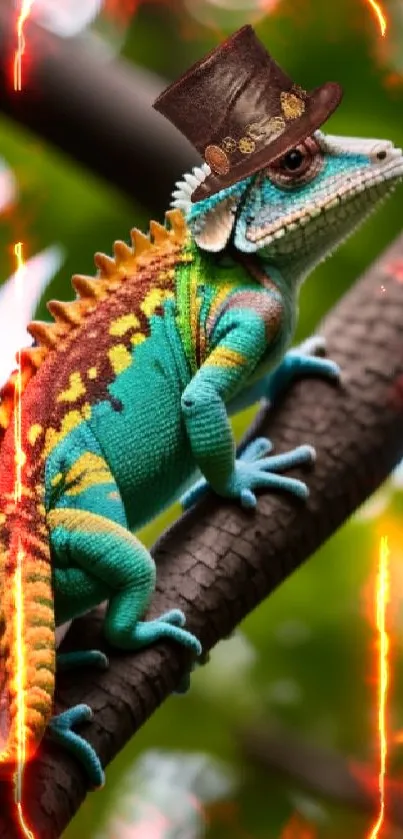 Vibrant chameleon wearing a stylish hat on a branch.