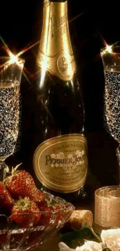 Champagne bottle with glasses and strawberries.