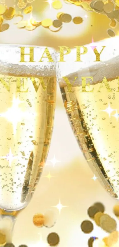 Two champagne glasses clink with gold confetti background.